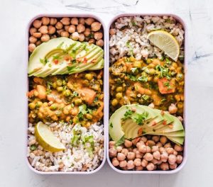 Healthy meal prep idea: pack your lunch the night before and take it to work. Chickpeas, veggies, and rice make a delicious lunch.
